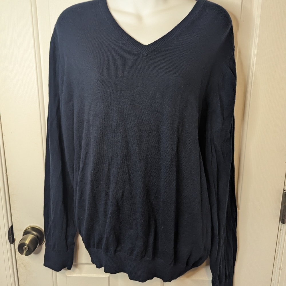 L.L. Bean Cashmere/Cotton V-Neck Navy Blue Pullover Sweater, Mens Large